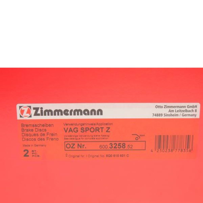 600.3258.52 Спортивный задний тормозной диск 253x10 Otto Zimmermann Sport Z 600.3258.52 Спортивный задний тормозной диск 253x10 Otto Zimmermann Sport Z