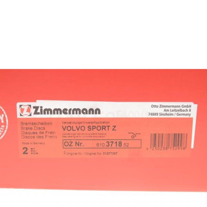 610.3718.52 Спортивный задний тормозной диск 302x22 Otto Zimmermann Sport Z 610.3718.52 Спортивный задний тормозной диск 302x22 Otto Zimmermann Sport Z