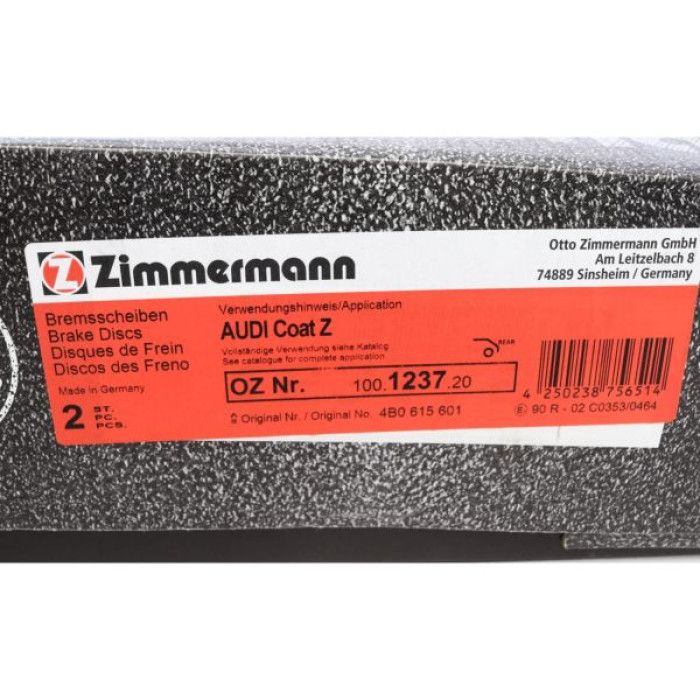 100.1237.20 Zimmermann Задний тормозной диск 245x10 на AUDI A6 Avant (4B5, C5) с двигателем 1.8 T quattro 100.1237.20 Zimmermann Задний тормозной диск 245x10 на AUDI A6 Avant (4B5, C5) с двигателем 1.8 T quattro