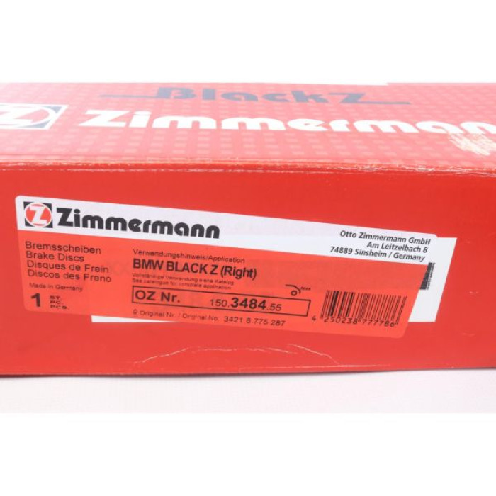 150.3484.55 Спортивный задний правый тормозной диск 330x20 Otto Zimmermann Black Z 150.3484.55 Спортивный задний правый тормозной диск 330x20 Otto Zimmermann Black Z