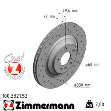 Спортивный задний тормозной диск с перфорацией 330x22 100332152 Otto Zimmermann Sport Z
