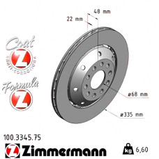 100.3345.75 Zimmermann Formula Z Задний левый тормозной диск 335x22 на AUDI A6 Avant (4B5, C5) с двигателем RS6 plus quattro