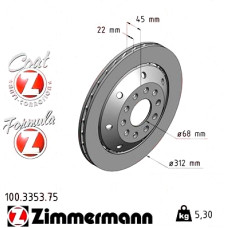 100.3353.75 Zimmermann Formula Z Задний левый тормозной диск 312x22 на AUDI A4 Avant (8D5, B5) с двигателем RS4 quattro