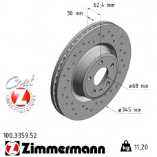 100.3359.52 Zimmermann Sport Z Спортивный передний тормозной диск с перфорацией 345x30 на AUDI A6 Allroad (4GH, 4GJ, C7) с двигателем 3.0 TFSI quattro