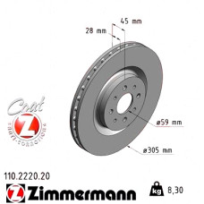 110.2220.20 Zimmermann Передній гальмівний диск 305x28 на ALFA ROMEO MITO (955_) з двигуном 1.4 Turbo MultiAir