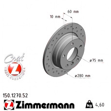 Спортивный задний тормозной диск с перфорацией 280x10 150127052 Otto Zimmermann Sport Z