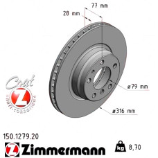 150.1279.20 Zimmermann Передний тормозной диск 316x28 на BMW 7 (E38) с двигателем 725 tds