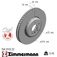 150.2913.32 Zimmermann Formula F Передній правий гальмівний диск 374x36 на BMW 6 Cabriolet (F12) з двигуном 650 i
