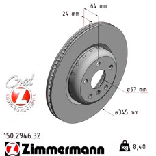 150.2946.32 Zimmermann Formula F Задній гальмівний диск 345x24 на BMW 7 (G11, G12) з двигуном 730 d