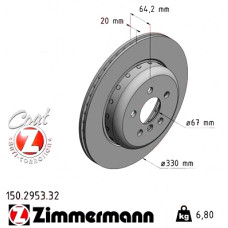 150.2953.32 Zimmermann Formula F Задний правый тормозной диск 330x20 на BMW 5 Touring (G31) с двигателем 520 d xDrive