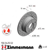 150.3425.52 Zimmermann Sport Z Спортивный задний тормозной диск с перфорацией 280x10 на BMW 1 (E87) с двигателем 116 i