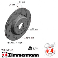 Спортивный задний правый тормозной диск с насечками 345x24 150346155 Otto Zimmermann Black Z