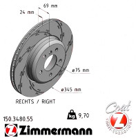 150.3480.55 Zimmermann Black Z Спортивный задний правый тормозной диск с насечками 345x24 на BMW 5 (F10) с двигателем 550 i