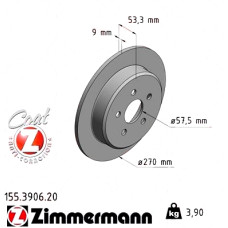 155.3906.20 Zimmermann Задний тормозной диск 270x9 на CHRYSLER NEON II с двигателем 1.6