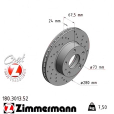 Спортивный передний тормозной диск с перфорацией 280x24 180301352 Otto Zimmermann Sport Z
