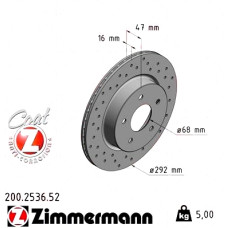 200.2536.52 Zimmermann Sport Z Спортивный задний тормозной диск с перфорацией 292x16 на NISSAN X-TRAIL (T32_) с двигателем 1.6 dCi ALL MODE 4x4-i (NT32)