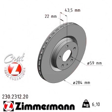 230.2312.20 Zimmermann Передний тормозной диск 284x22 на FIAT 500L (351_, 352_) с двигателем 1.6 D Multijet (199.LYD1B)