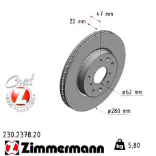 230.2378.20 Zimmermann Передний тормозной диск 280x22 на FIAT SEDICI (FY_) с двигателем 1.6 16V 4x4