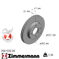 250.1332.20 Zimmermann Передній гальмівний диск 260x24 на FORD COUGAR (EC_) з двигуном 2.0 16V
