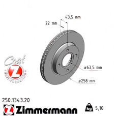 250.1343.20 Zimmermann Передний тормозной диск 258x22 на FORD FUSION (JU_) с двигателем 1.6