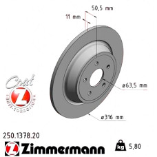 250.1378.20 Zimmermann Задній гальмівний диск 316x11 на FORD MONDEO V Turnier (CF) з двигуном 1.5 EcoBoost