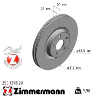 250.1398.20 Zimmermann Передний тормозной диск 316x28 на FORD S-MAX (CJ, WA6) с двигателем 2.0 EcoBlue