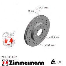 Спортивный передний тормозной диск с перфорацией 262x21 280315352 Otto Zimmermann Sport Z