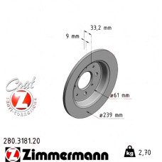 280.3181.20 Zimmermann Задний тормозной диск 239x9 на HONDA JAZZ IV (GK_) с двигателем 1.3
