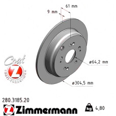280.3185.20 Zimmermann Задний тормозной диск 304,5x9 на HONDA CR-V II (RD_) с двигателем 2.0 (RD4)
