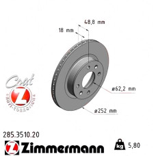 285.3510.20 Zimmermann Передний тормозной диск 252x18 на HYUNDAI i10 (BA, IA) с двигателем 1,0 LPG