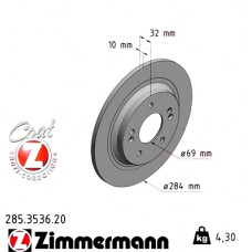 285.3536.20 Zimmermann Задний тормозной диск 284x10 на HYUNDAI KONA (OS) с двигателем 1.6 T-GDi
