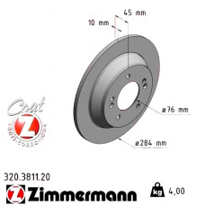 320.3811.20 Zimmermann Задний тормозной диск 284x10 на KIA CARENS IV с двигателем 1.7 CRDi