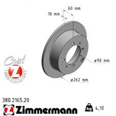 380.2165.20 Zimmermann Задній гальмівний диск 262x10 на MITSUBISHI LANCER VII Kombi (CS_W, CT_W) з двигуном 2.0