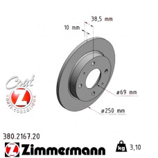 380.2167.20 Zimmermann Задний тормозной диск 250x10 на MITSUBISHI COLT VI (Z3_A, Z2_A) с двигателем 1.5