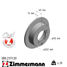 380.2171.20 Zimmermann Задній гальмівний диск 262x10 на MITSUBISHI LANCER VII (CS_A, CT_A) з двигуном EVO VIII - 260 (CT9A)
