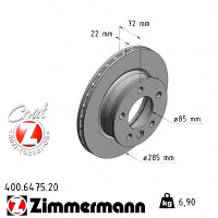400.6475.20 Zimmermann Передний тормозной диск 285x22 на MERCEDES-BENZ SPRINTER 4-t C БОРТОВОЙ ПЛАТФОРМОЙ/ХОДОВАЯ ЧАСТЬ (904) с двигателем 411 CDI 4x4