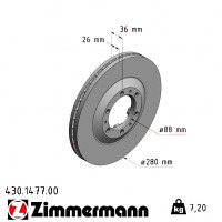 430.1477.00 Zimmermann Передний тормозной диск 280x26 на OPEL FRONTERA A Sport (U92) с двигателем 2.8 TD (5BSUD2)