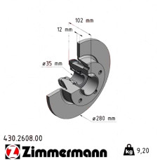 430.2608.00 Zimmermann Задний тормозной диск 280x12 на OPEL VIVARO A C БОРТОВОЙ ПЛАТФОРМОЙ/ХОДОВАЯ ЧАСТЬ (X83) с двигателем 2.0 ECOTEC