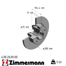430.2639.00 Zimmermann Задний тормозной диск 280x12 на OPEL VIVARO B Combi (X82) с двигателем 1.6 CDTI (06)