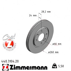 440.3104.20 Zimmermann Передний тормозной диск 260x24 на PEUGEOT 406 (8B) с двигателем 2.1 TD 12V