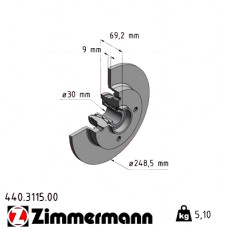 440.3115.00 Zimmermann Задній гальмівний диск 248,5x9 на CITROËN DS3 з двигуном 1.4 VTi 98