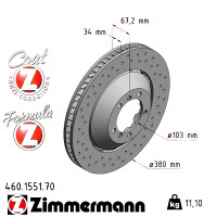 460.1551.70 Zimmermann Formula Z Передний правый тормозной диск 380x34 на PORSCHE 911 (997) с двигателем 3.8 GT3