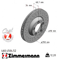 460.4504.52 Zimmermann Sport Z Спортивный передний левый тормозной диск с перфорацией 350x34 на PORSCHE CAYENNE (9YA) с двигателем 3.0 AWD (9YAAA1)