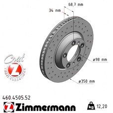 460.4505.52 Zimmermann Sport Z Спортивный передний правый тормозной диск с перфорацией 350x34 на PORSCHE CAYENNE (9YA) с двигателем 3.0 E-Hybrid AWD (9YAAE1)