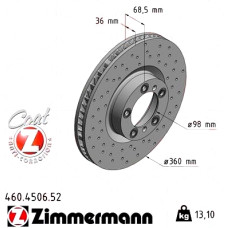 460.4506.52 Zimmermann Sport Z Спортивный передний левый тормозной диск с перфорацией 360x36 на PORSCHE PANAMERA (971) с двигателем 2.9 4S (97ADB1, 97BDB1)