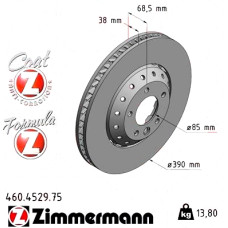 460.4529.75 Zimmermann Formula Z Передний правый тормозной диск 390x38 на PORSCHE CAYENNE (92A) с двигателем 4.8 GTS