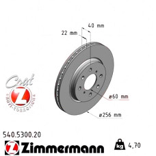 Передний тормозной диск 256x22 540530020 Otto Zimmermann CoatZ