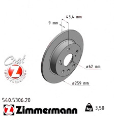 540.5306.20 Zimmermann Задній гальмівний диск 259x9 на SUZUKI SX4 S-Cross (JY) з двигуном 1.6 DDiS (AKK 416D)