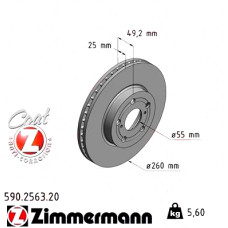 590.2563.20 Zimmermann Передний тормозной диск 260x25 на TOYOTA AVENSIS Kombi (_T22_) с двигателем 2.0 D-4D (CDT220_)