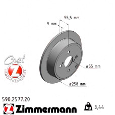590.2577.20 Zimmermann Задний тормозной диск 258x9 на TOYOTA COROLLA СЕДАН (_E12_) с двигателем 2.0 D-4D (CDE120_)